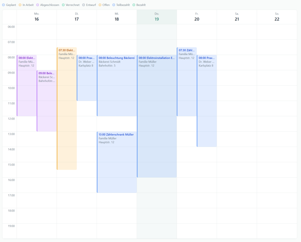 Einsatzplanung Wochenkalender mit Aufträgen, Kunden und Statusanzeige