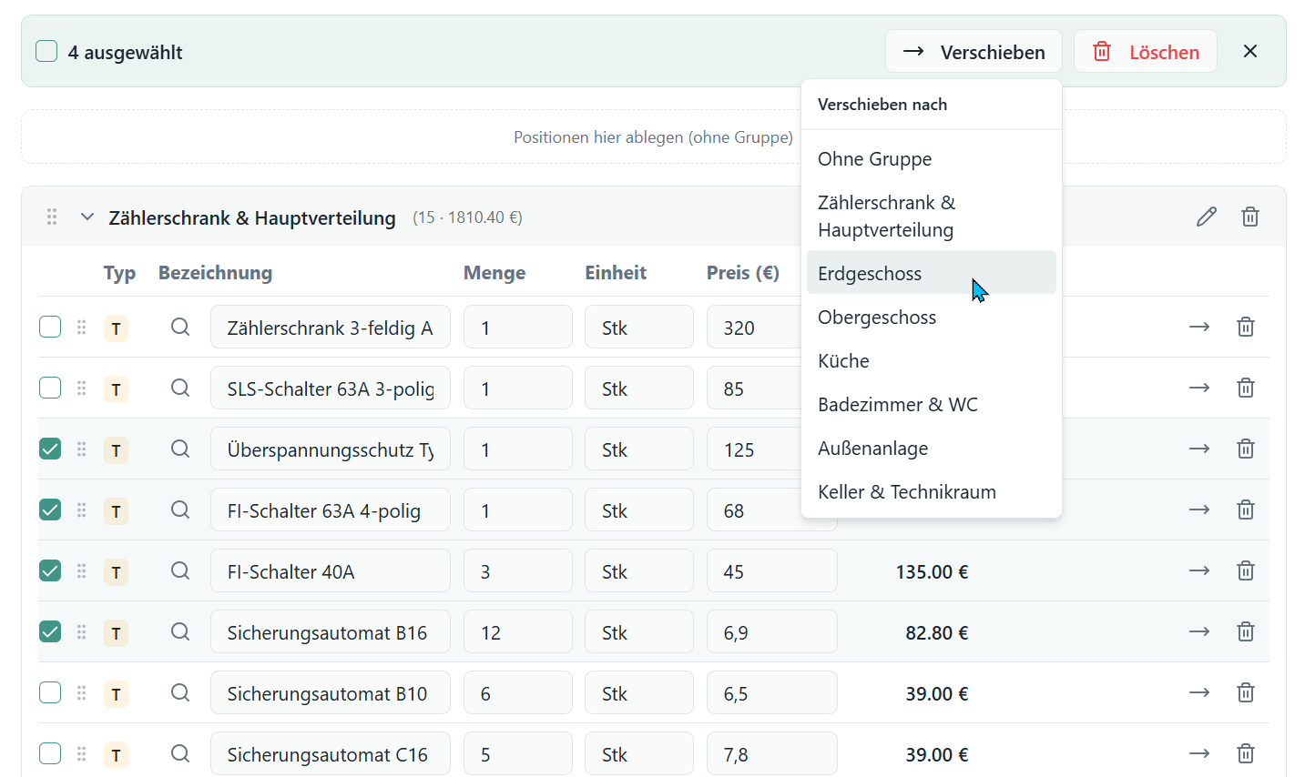 Positionen zwischen Gruppen verschieben per Dropdown
