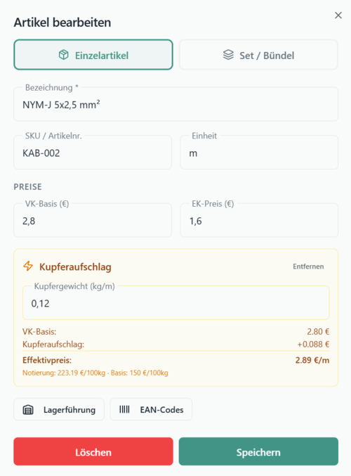 Artikelbearbeitung mit automatischer Kupferzuschlag-Berechnung