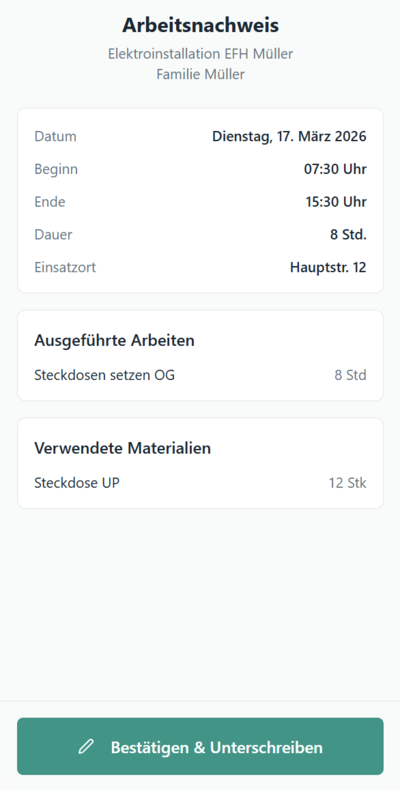 Mobiler Arbeitsnachweis mit Unterschrift-Funktion auf der Baustelle